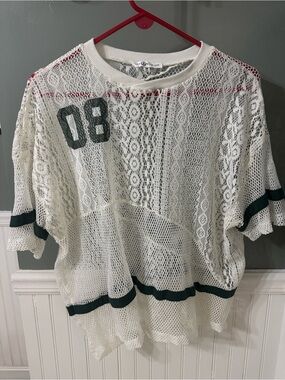 Love Peace and Lazy Days Viral Women's Ivory Lace Mesh Pullover Top Trim